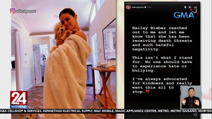 Selena Gomez sa mga umano'y death threats kay Hailey Bieber: Itigil na ang online hate | 24 Oras Weekend