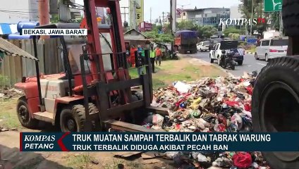 Pecah Ban, Truk Muatan Sampah Pemprov DKI Jakarta Terbalik dan Tabrak Warung