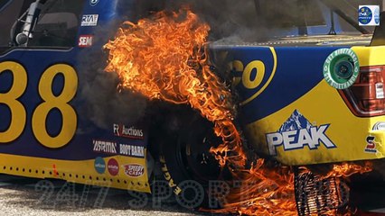 NASCAR star Zane Smith is forced to apologize to his team after celebrating his victory with a burnout on the track - only for the car to burst into flames!