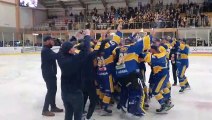 Leeds Knights celebrate by lifting NIHL National Championship trophy at Elland Road Ice Arena