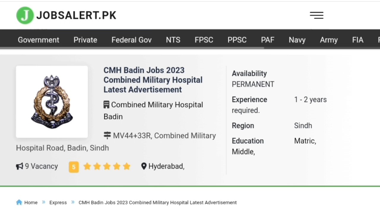 CMH Badin Jobs 2023 | Combined Military Hospital Badin Jobs 2023
