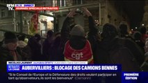 Mobilisation contre la réforme des retraites: blocage en cours d'un dépôt de camions bennes à Aubervilliers