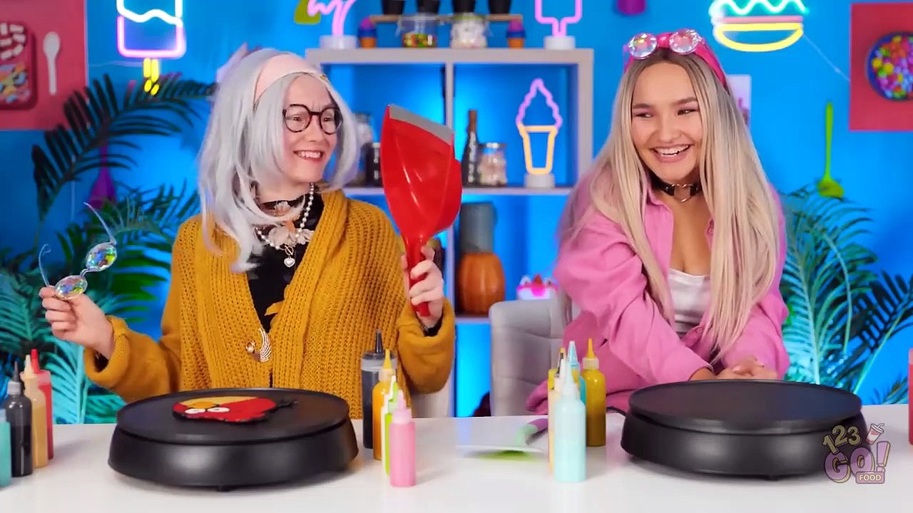 PANCAKE ART CHALLENGE WITH GRANNY - Grandma VS Me! Cooking Hacks by 123 GO! FOOD