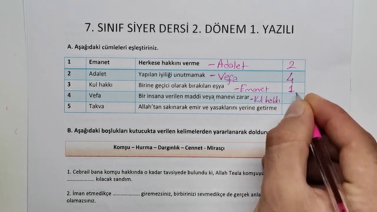 7.Sınıf Peygamberimizin Hayatı (SİYER) 2.Dönem 1.Yazılı Soruları ve Çözümü #2023