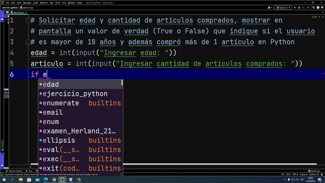 Solicitar edad y cantidad de artículos comprados, mostrar en pantalla un valor de verdad (True o False) que indique si el usuario es mayor de 18 años y además compró más de 1 artículo en Python