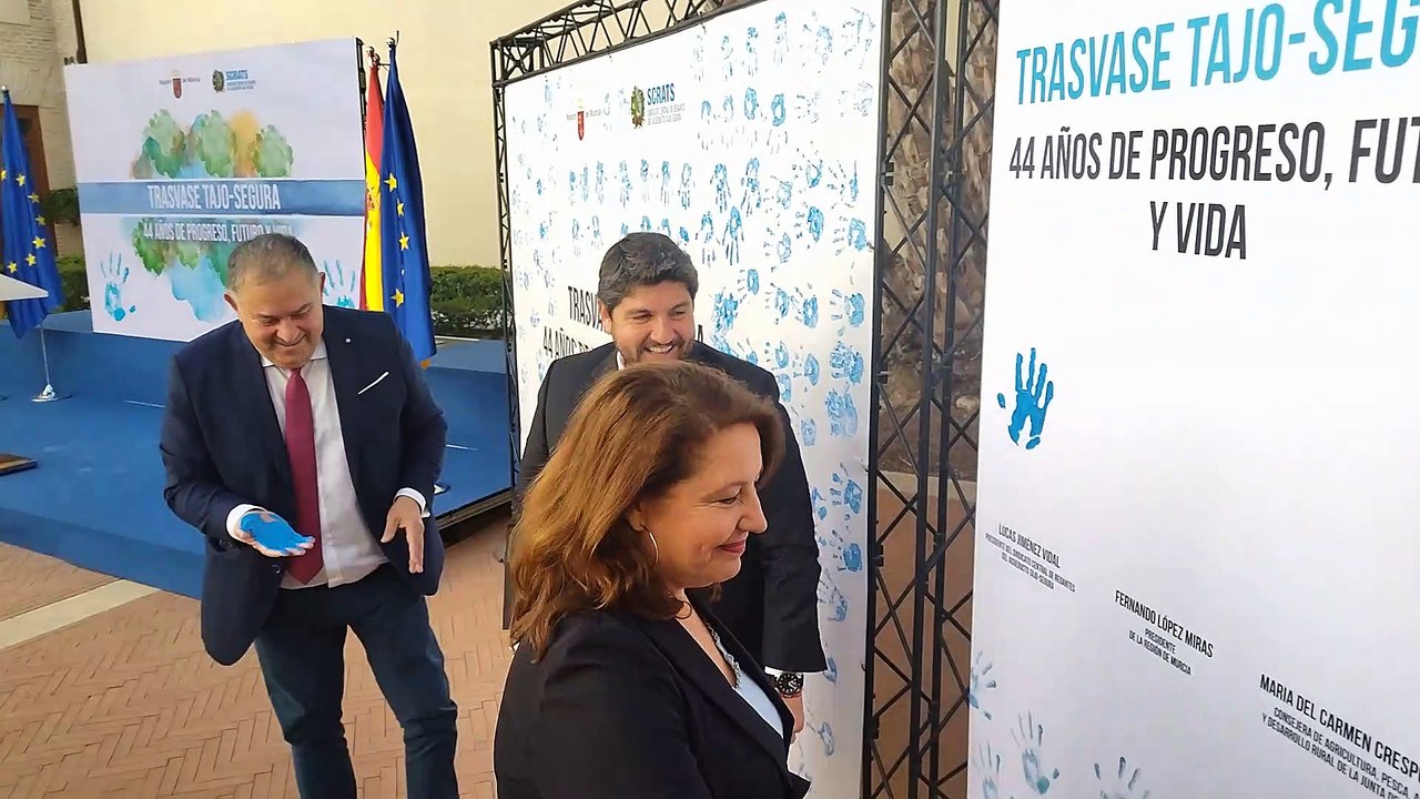 Lucas Jiménez, Fernando López Miras, y Carmen Crespo, este jueves, en el 44 aniversario del Trasvase Tajo-Segura.