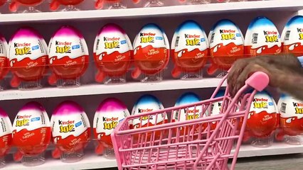 Monkey Baby Bon Bon doing shopping in Kinder Joy Egg store and eat chocolate with puppy
