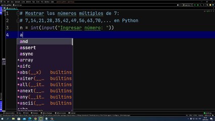 Mostrar los números múltiplos de 7: 7,14,21,28,35,42,49,56,63,70,... en Python