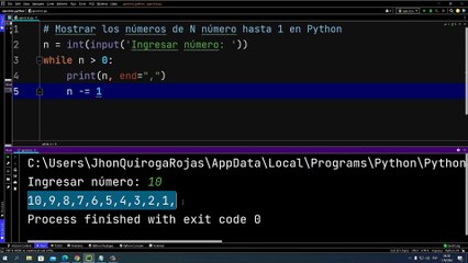 Mostrar los números de N número hasta 1 en Python