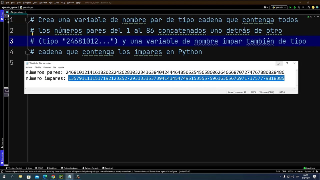 Crea una variable de nombre par de tipo cadena que contenga todos los números pares del 1 al 86 concatenados uno detrás de otro... en Python