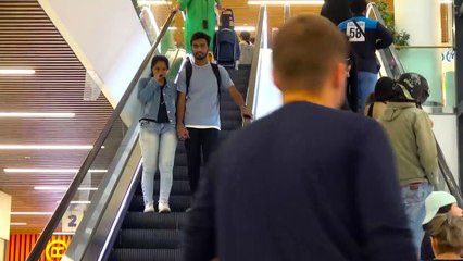 A very naughty girl on the escalator prank - Touching Hands On Escalator