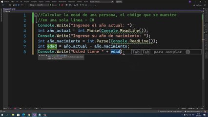 Calcular la edad de una persona, el código que se muestre en una sola línea en C#