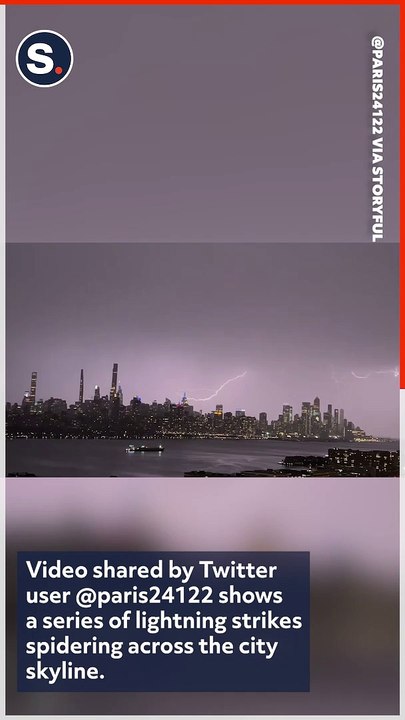 Upward Lightning Forks Over Manhattan Skyline