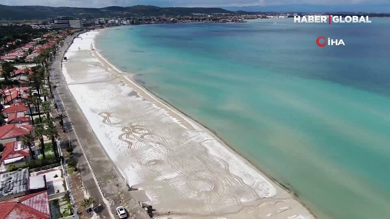 Her yer beyaza büründü gören şaşırdı: Ilıca plajı havadan görüntülendi