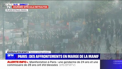 Download Video: Alors que le cortège parisien arrive place d'Italie, des tensions persistent entre certains manifestants et les forces de l'ordre