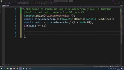 Calcular el radio de una circunferencia y que la imprima solo si el radio sede a los 50 cm en C#