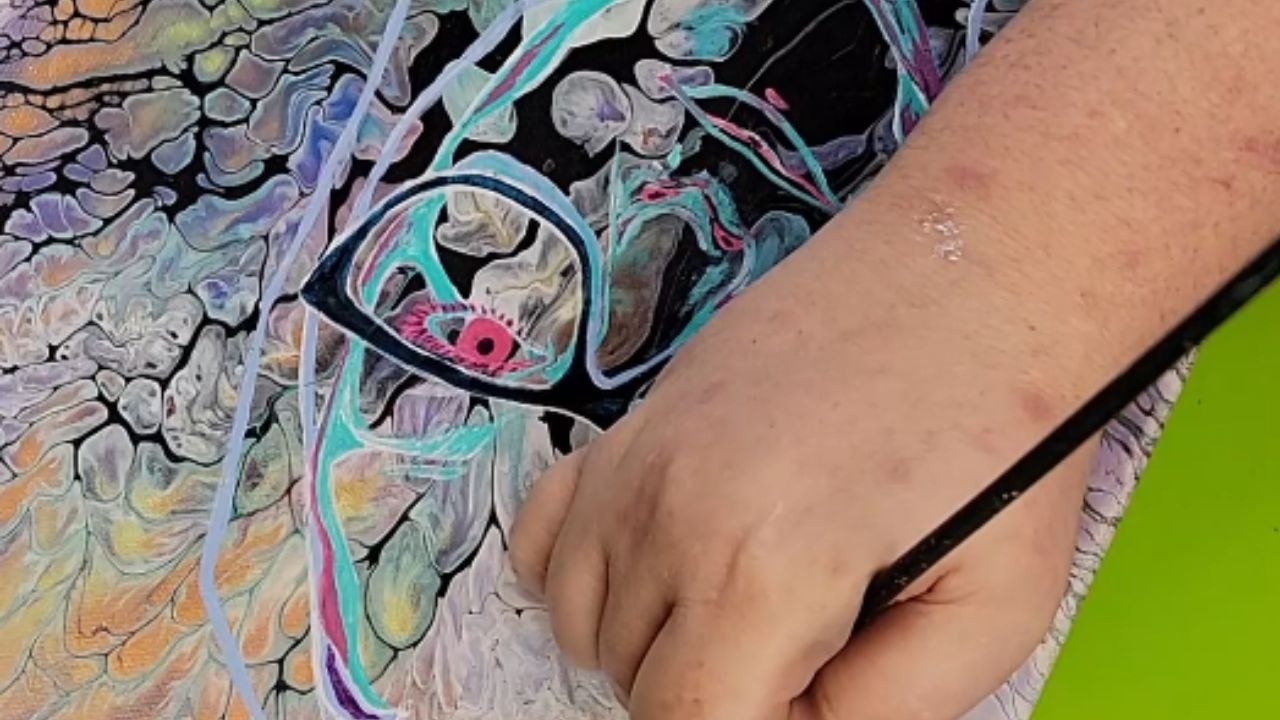 Incredibly Talented Artist does a self Portrait over an acrylic pour