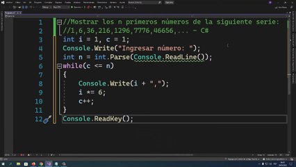 Mostrar los n primeros números de la siguiente serie: 1,6,36,216,1296,7776,46656,... en C#