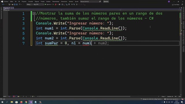 Mostrar la suma de los números pares en un rango de dos números, también sumar el rango de los números en C#