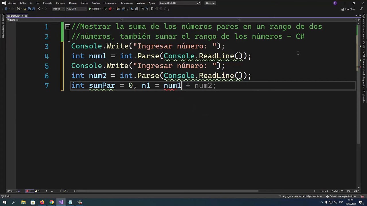 Mostrar la suma de los números pares en un rango de dos números, también sumar el rango de los números en C#