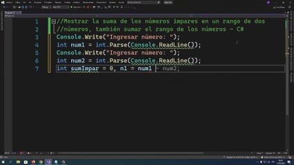 Mostrar la suma de los números impares en un rango de dos números, también sumar el rango de los números en C#