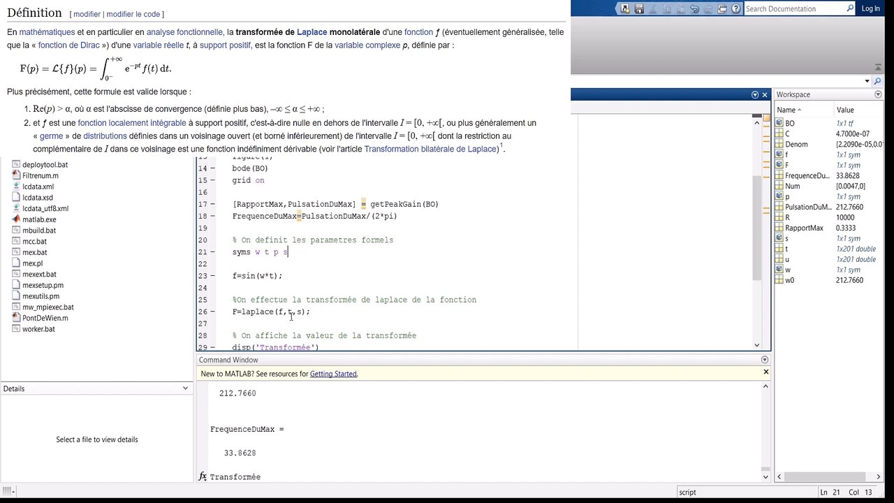 Electronique - Simulation du Pont de Wien sur Matlab