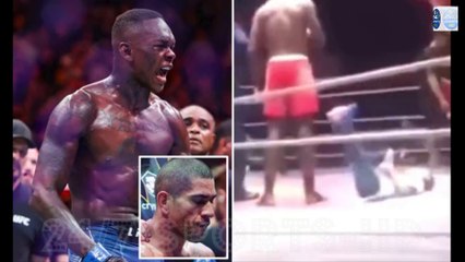 Israel Adesanya taunts Alex Pereira's son by falling to the canvas and PLAYING DEAD after middleweight title fight at UFC 287... a 'reminder' for mocking him after previous fight