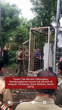 Tower Tak Berizin Dibongkar, Pembongkaran tower tak berizin di wilayah Jimbaran, Kuta Selatan, Senin (10/4). Hal ini sesuai dengan perintah Bupati Badung. Tim Yustisi mulai membongkar tower-tower tak berizin hari ini.