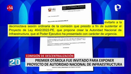 Alberto Otárola: premier es invitado a sustentar proyecto de Autoridad Nacional de Infraestructura
