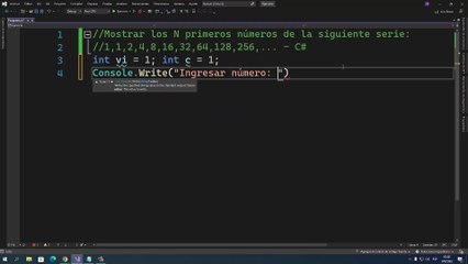 Mostrar los N primeros números de la siguiente serie: 1,1,2,4,8,16,32,64,128,256,... en C#