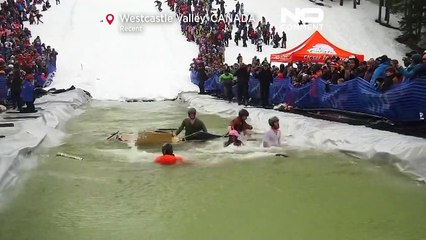 Auf Skiern ins eiskalte Wasser: Slush Cup in Kanada