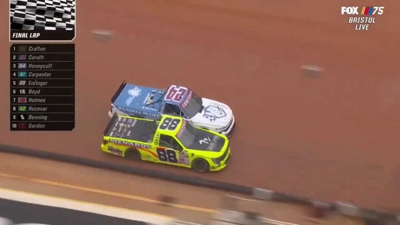 Nascar Truck Series Bristol 2023 Heat 4 Final Laps Crafton Caruth Win Photo Finish