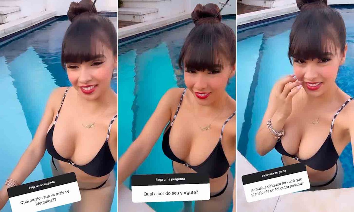 De biquíni na piscina, Juliana Caetano responde perguntas de fãs