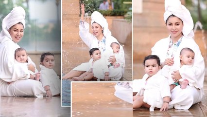 Debina Bonnerjee ने Baby Girls Lianna, Divisha के साथ Pool Side White Bathrobe में की Twinning Viral