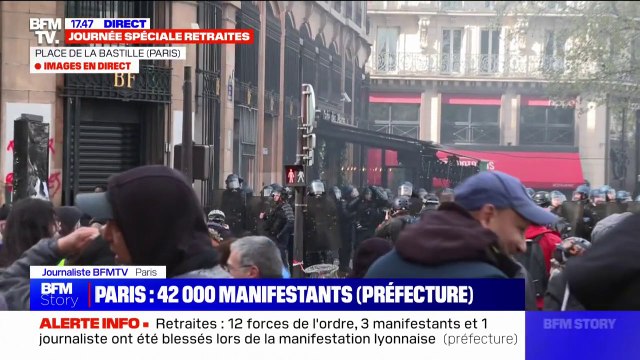 Réforme des retraites: un établissement de la Banque de France pris pour cible sur la place de la Bastille à Paris
