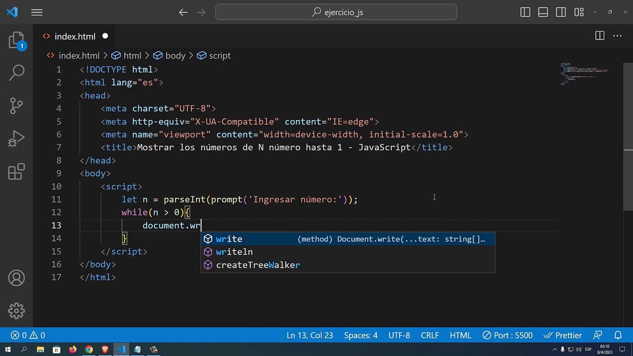 Mostrar los números de N número hasta 1 en JavaScript