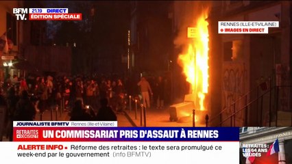 Скачать видео: Rennes: la porte du commissariat incendiée par des manifestants radicaux en marge d'un rassemblement non autorisé