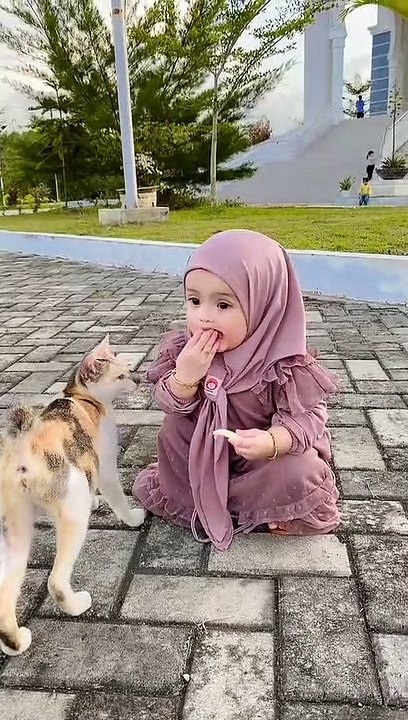 Cute baby fun with cat