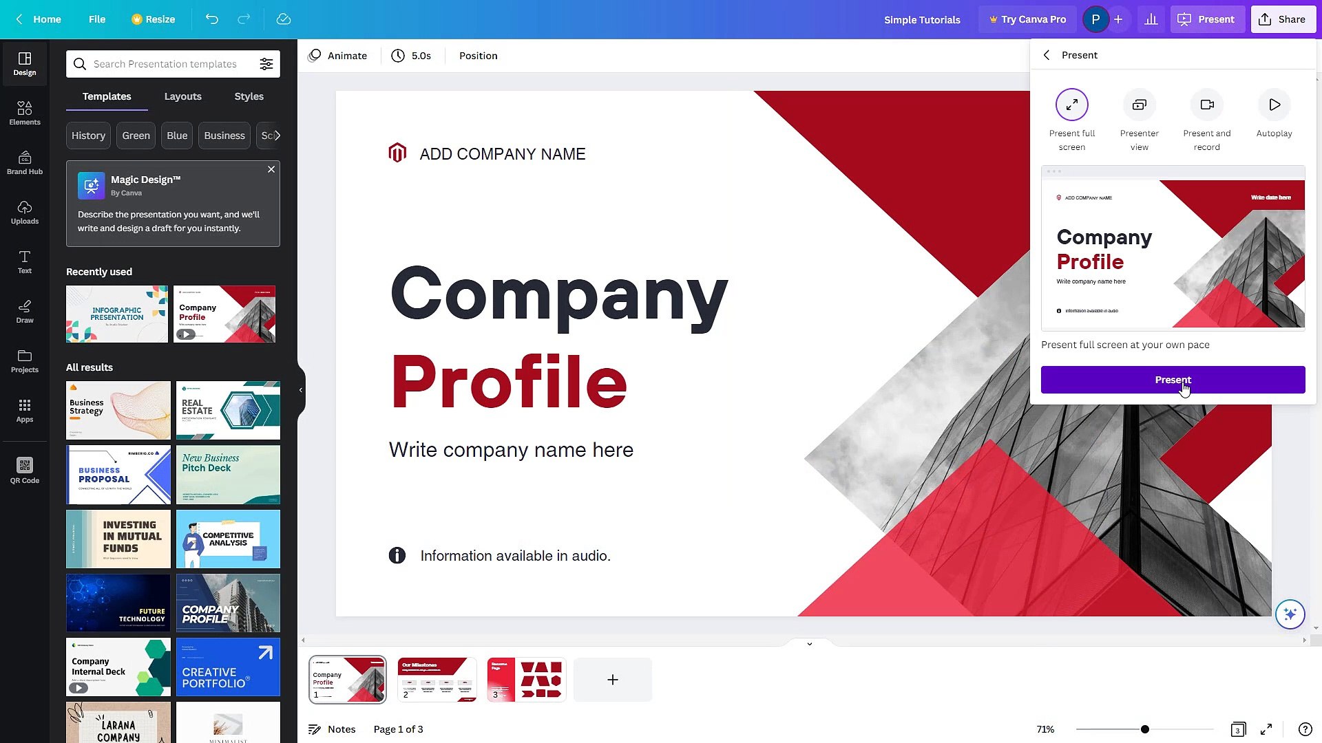 Canva Course Section 38 Zoom in Option and AutoPlay Presentation