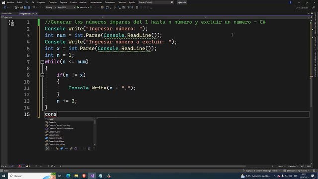 Generar los números impares del 1 hasta n número y excluir un número en C#