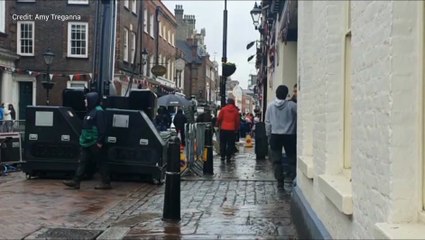 Film crews in Rochester High Street filming The Crown on Netflix