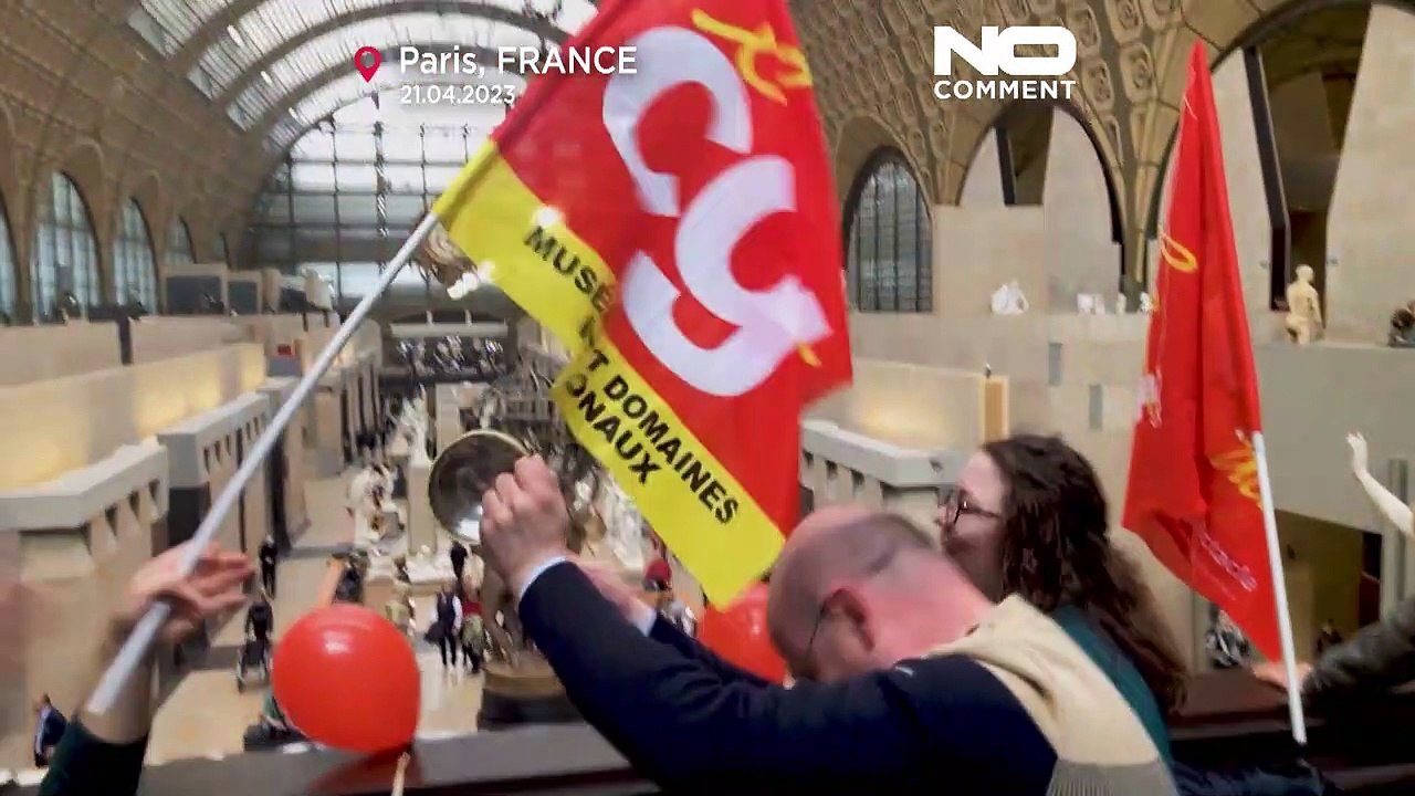 WATCH: CGT union members decry France's pension reforms at the Orsay ...