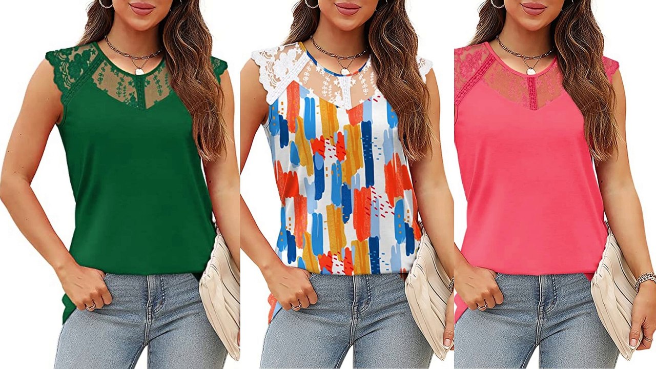 Women's Summer Tank Tops Lace V Neck Dressy Sleeveless Tops Blouse