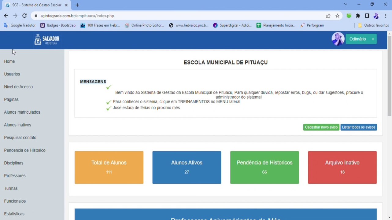 Cadastrar, editar e mudar de turma