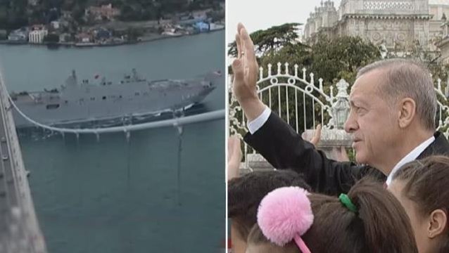 23 Nisan'da Boğaz'dan geçen TCG Anadolu, Cumhurbaşkanı Erdoğan'ı ve çocukları selamladı