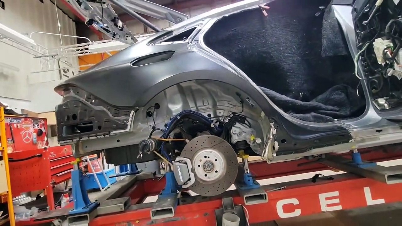 2020 Mercedes-AMG GT 4d gets a Quarter panel replacement on Celette bench