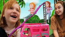 BARBiE CAMPiNG with CARTOON ADLEY!! Road Trip in our Dream Camper with magic slide & swimming pool