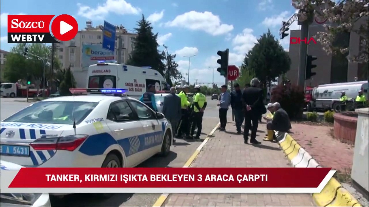Tanker, kırmızı ışıkta bekleyen 3 araca çarptı