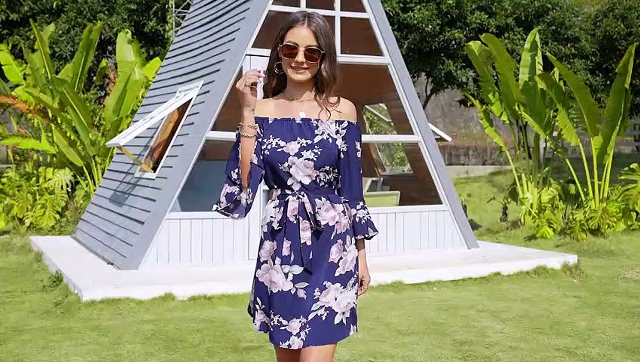 Women Off Shoulder Ruffles Floral Tunic Casual Party Shift Short Dress