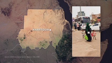 Animated map of Khartoum with a video showing people waiting to leave